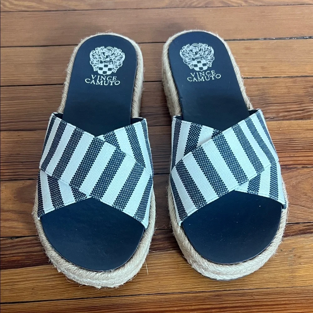 Vince Camuto Striped Navy and Cream Classic Espadrille Platform Slides Size 8.5